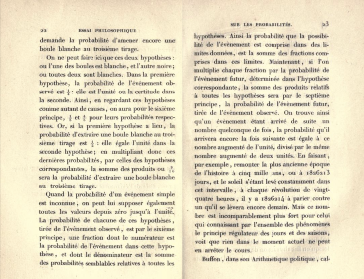 An excerpt from Essai philosophique sur les probabilités, written by Laplace in 1840.