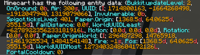 What you see when looking at the data of an entity (here, the minecart)